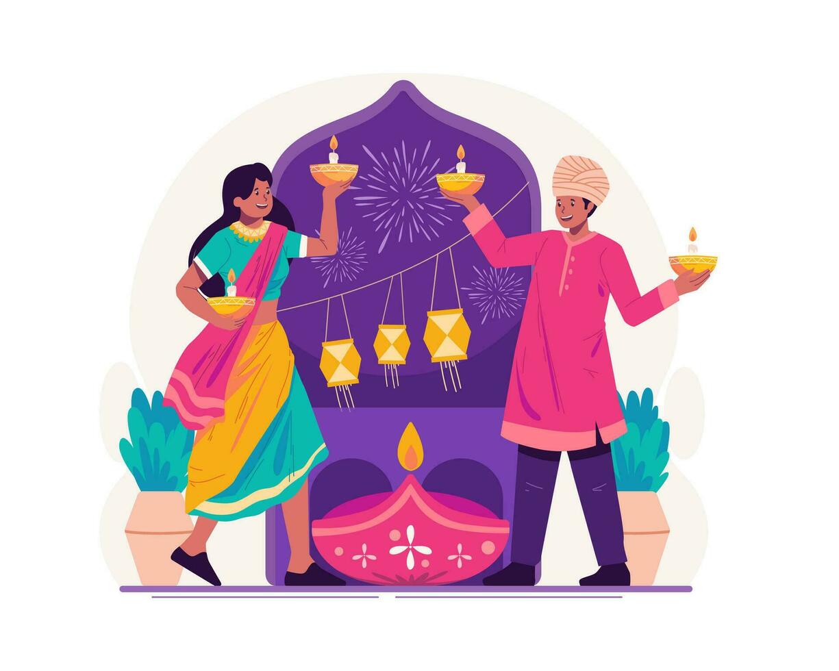 indisch Paar im traditionell Kleidung halten zündete Öl Lampen oder Diya zu feiern Diwali Festival von Beleuchtung vektor
