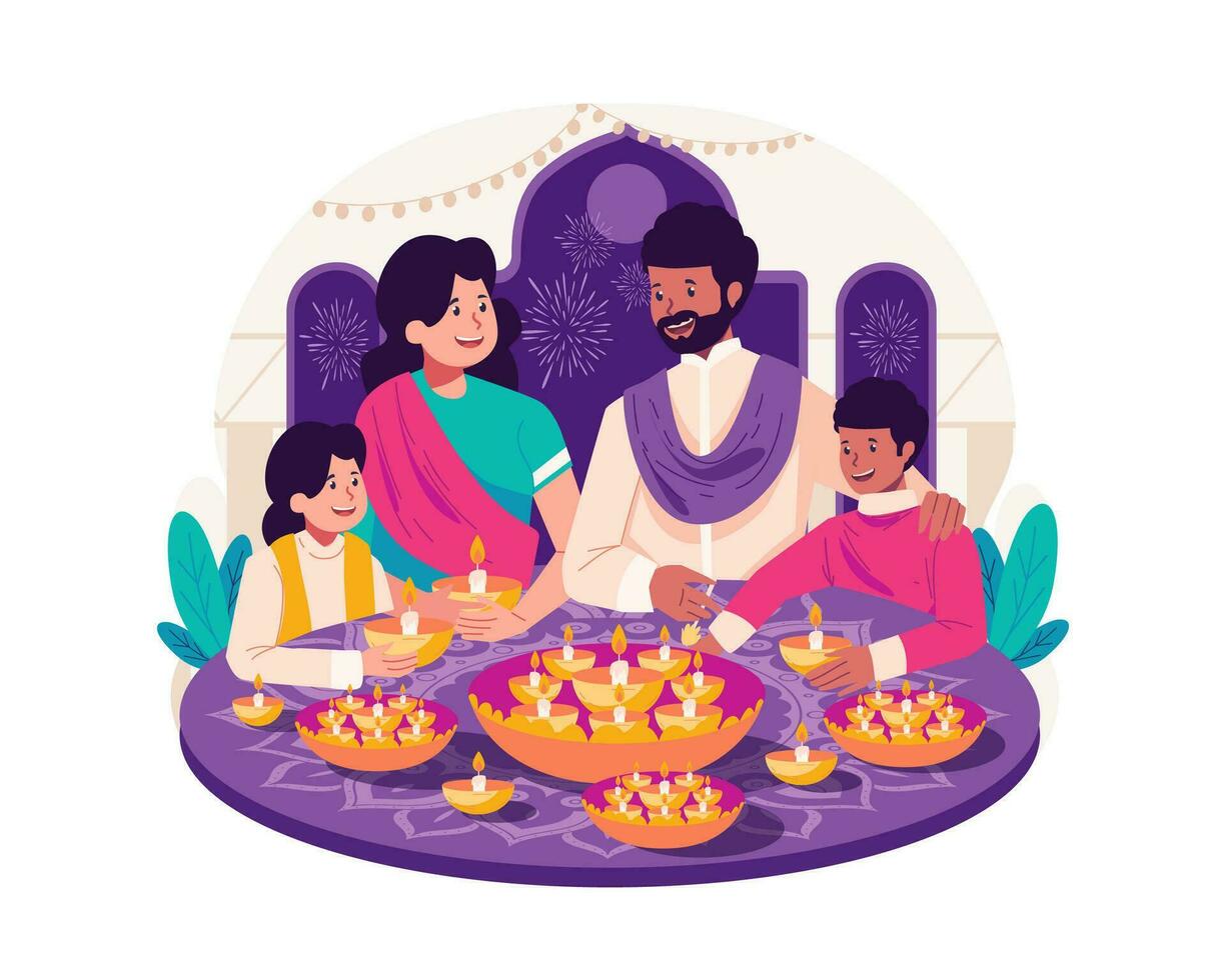 indisch Familie dekorieren Rangoli und Diya zu feiern Diwali, das traditionell Hindu Festival von Beleuchtung vektor