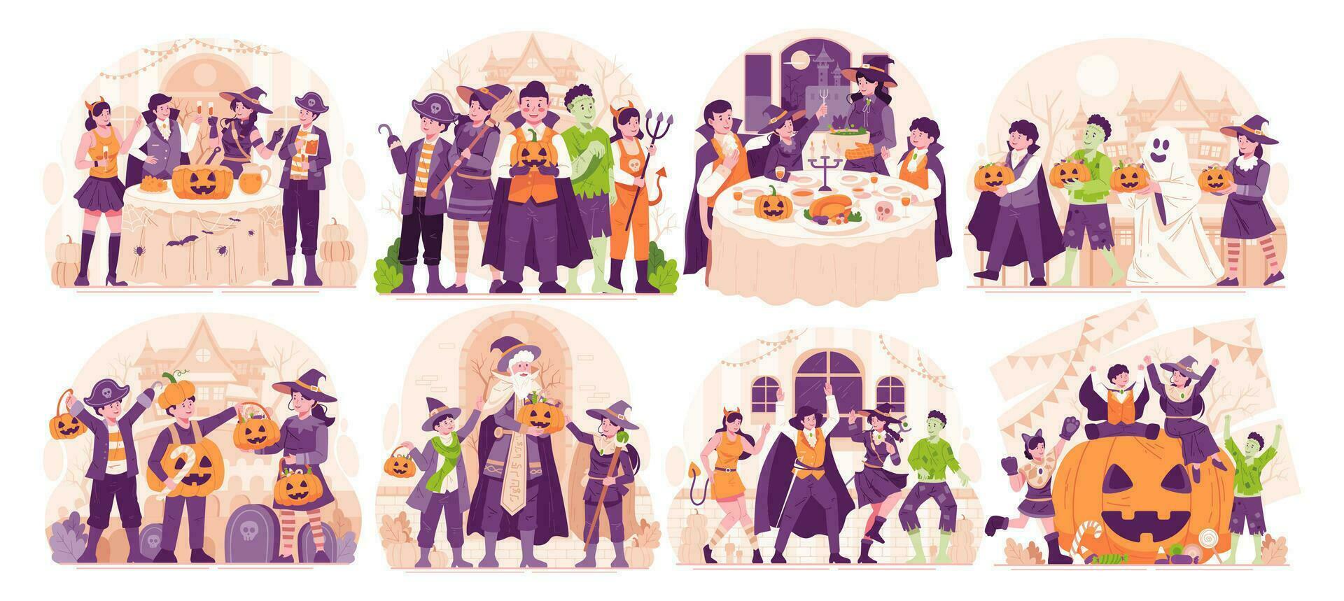 mega illustration uppsättning av halloween. Lycklig människor klä på sig upp i olika halloween kostymer fira halloween. halloween fest och lura eller behandla begrepp vektor