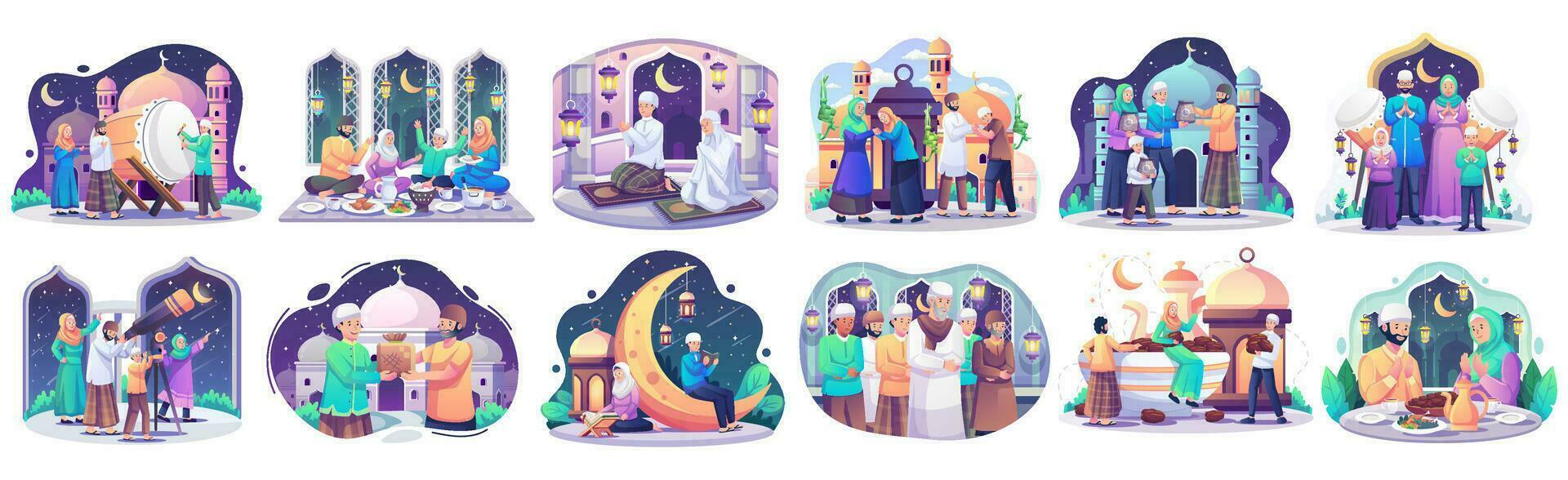 uppsättning samling av ramadan begrepp illustration. Lycklig muslim människor fira helig månad ramadan, iftar fest, läsning Koranen, taraweeh, eid mubarak hälsning. vektor illustration