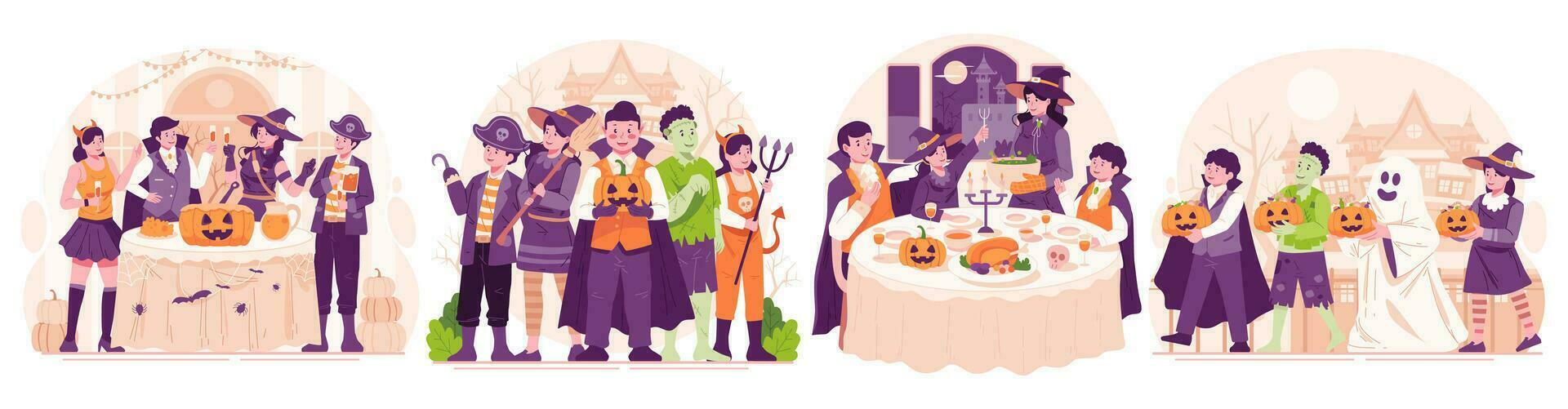 illustration uppsättning av halloween. Lycklig människor klä på sig upp i olika halloween kostymer fira halloween. halloween fest och lura eller behandla begrepp vektor