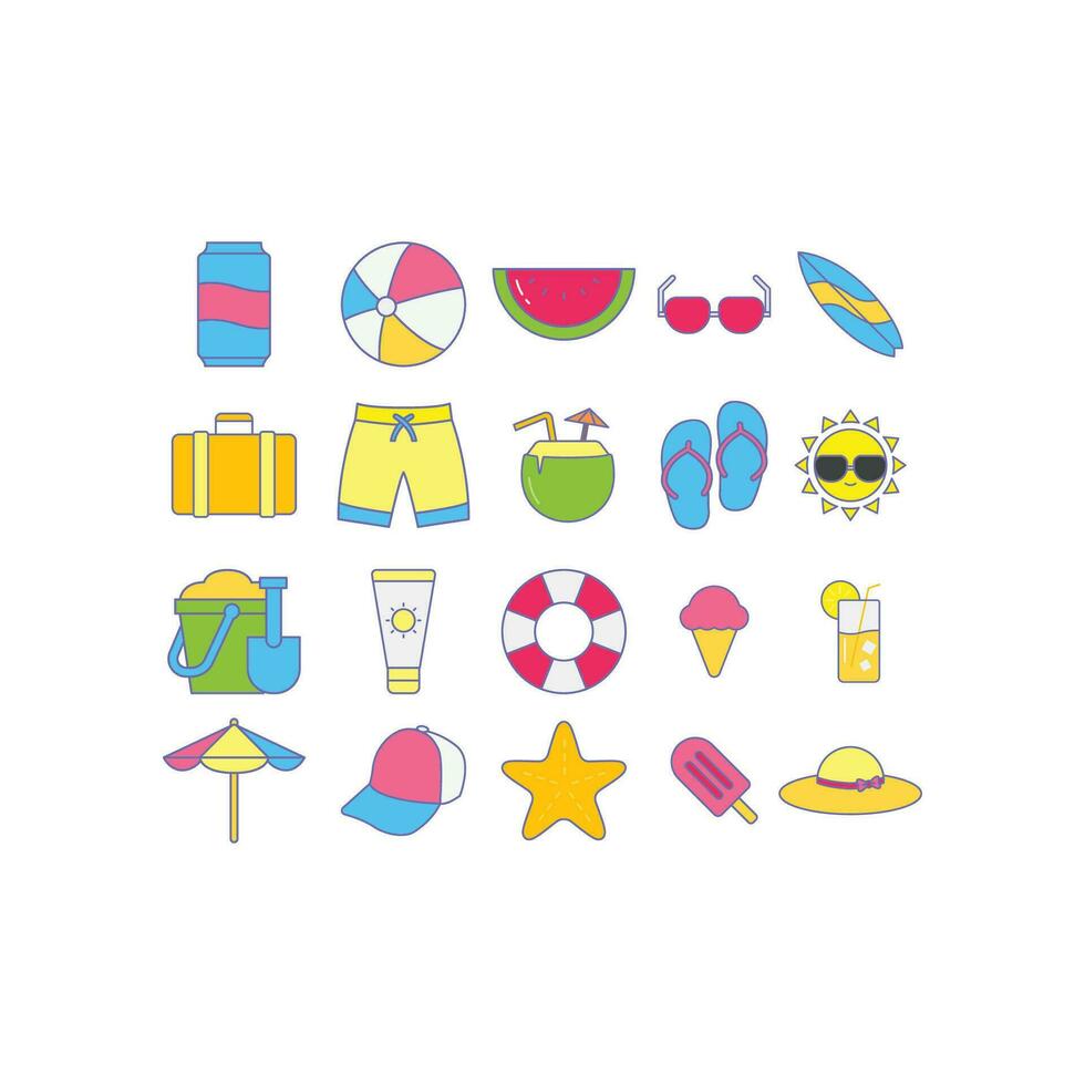 sommar semester och strand uppsättning. sommartid ikon uppsättning i fylld översikt Färg stil inkludera soda dryck, Sol glasögon, vattenmelon, surfing styrelse etc vektor illustration design på vit bakgrund eps10
