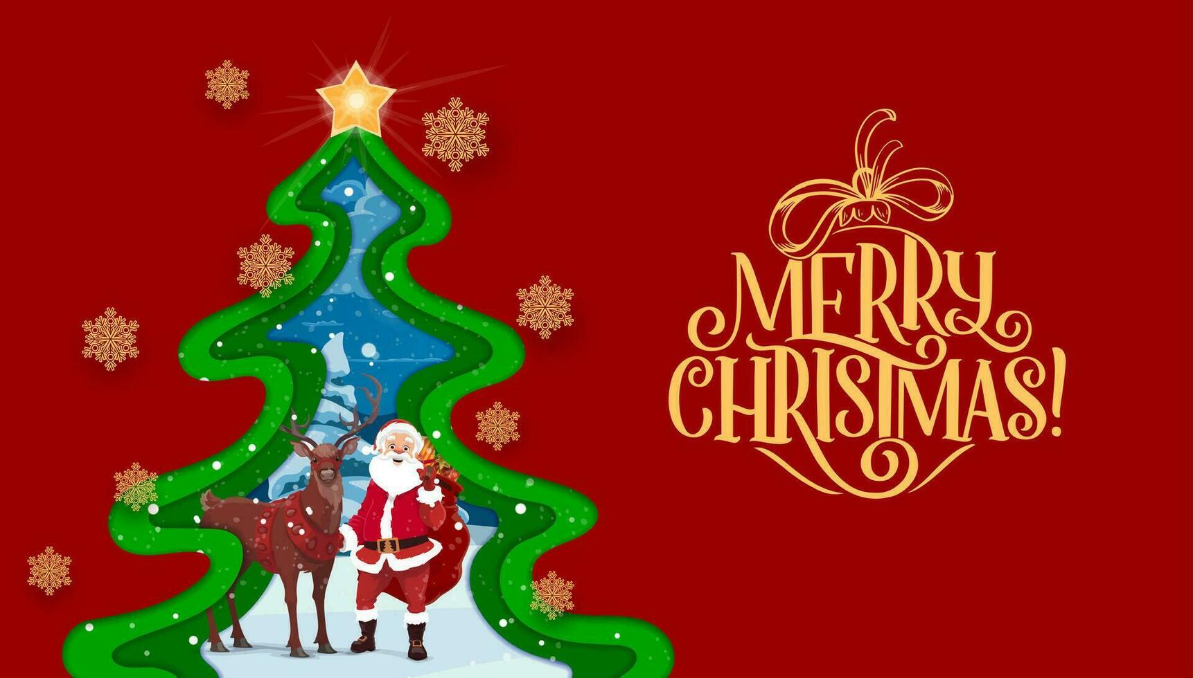Weihnachten Papier Schnitt Karte mit Kiefer Baum und Santa vektor