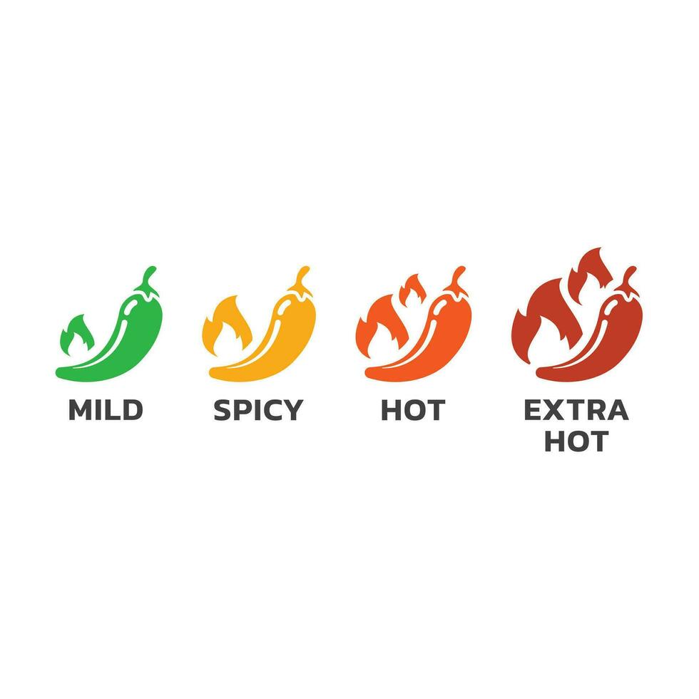 chili peppar, mild och varm, jalapeno ikoner. kryddad och extra varm paprikor eller hallapeno ikon uppsättning. mexikansk och asiatisk mat. vektor