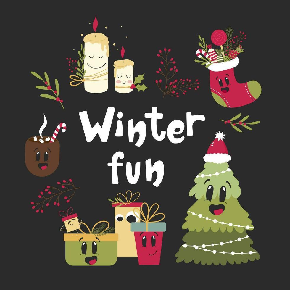hand dragen sammansättning vinter- roligt med Lycklig jul ljus, kakao kopp, gåva lådor och jul träd. vektor maskot design.