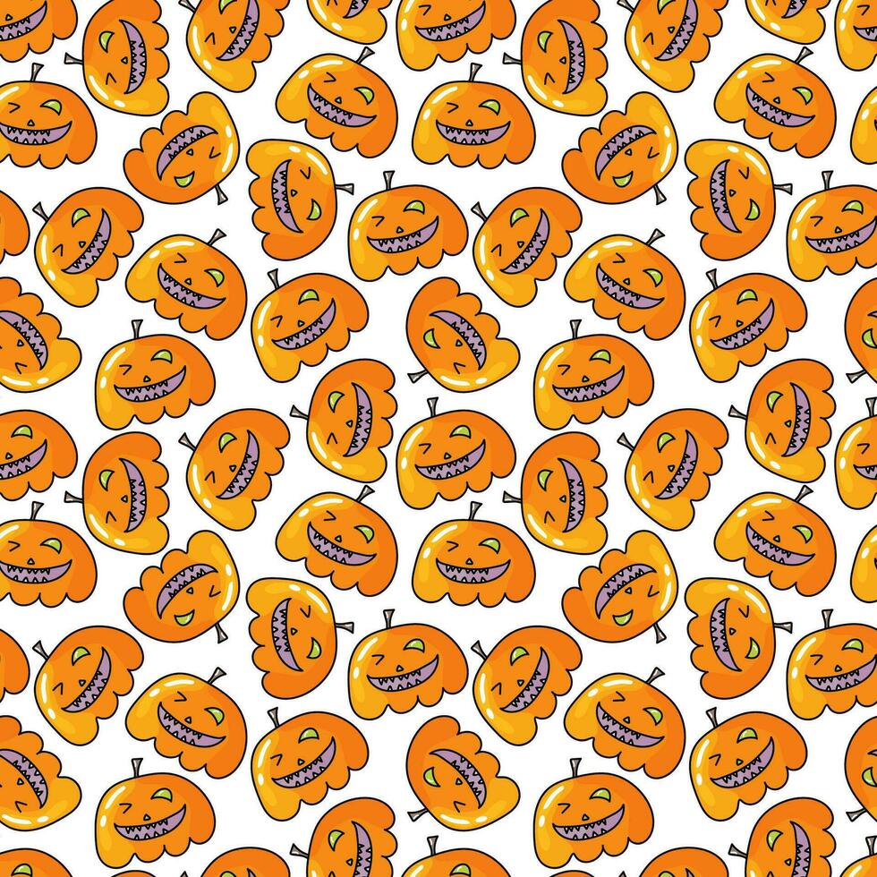 nahtlos Muster mit Halloween Kürbisse. Jack Orange Laterne gezeichnet mit geschnitzt Gesichter im Gekritzel vektor