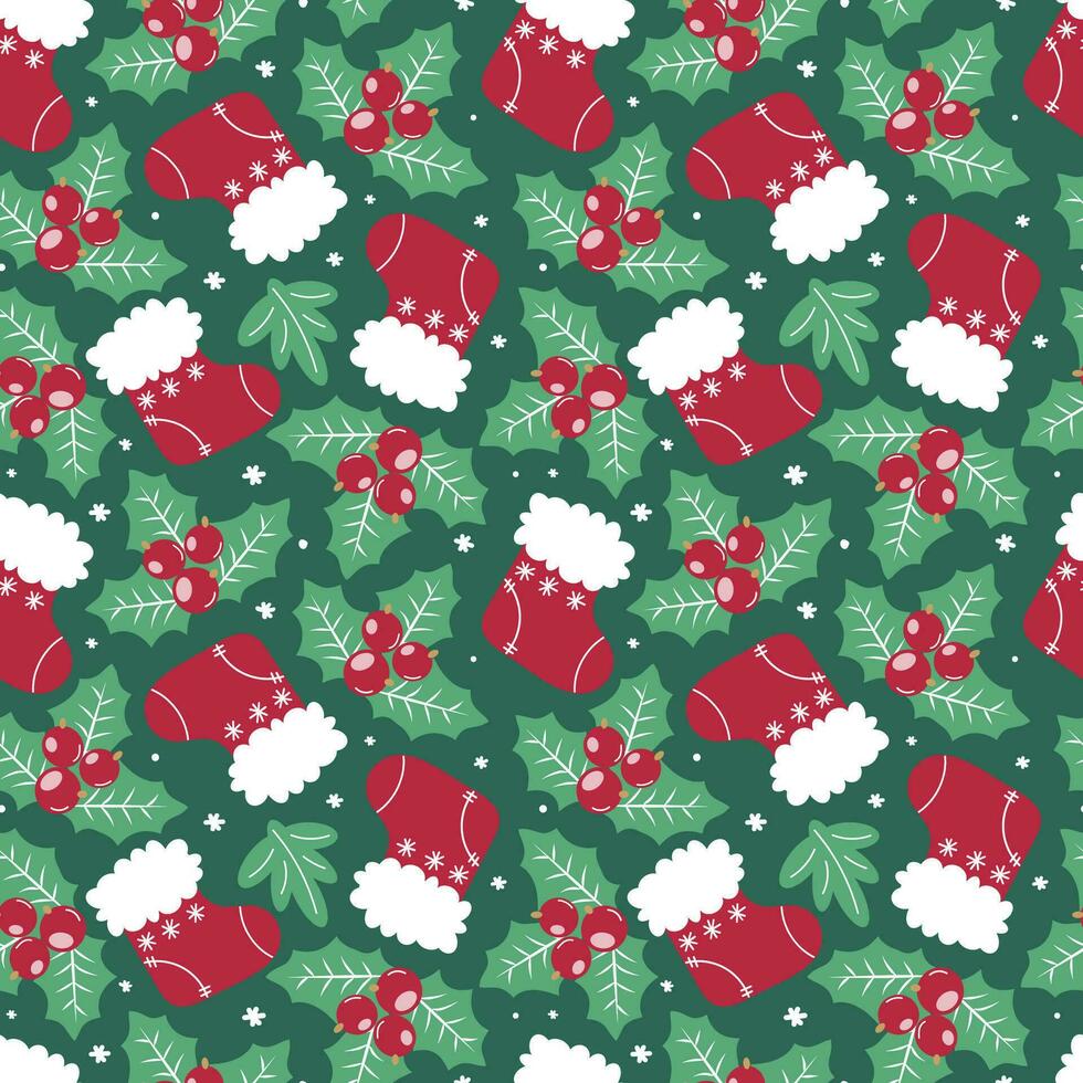 Vektor nahtlos Muster mit Weihnachten Socken, Stechpalme, Beeren