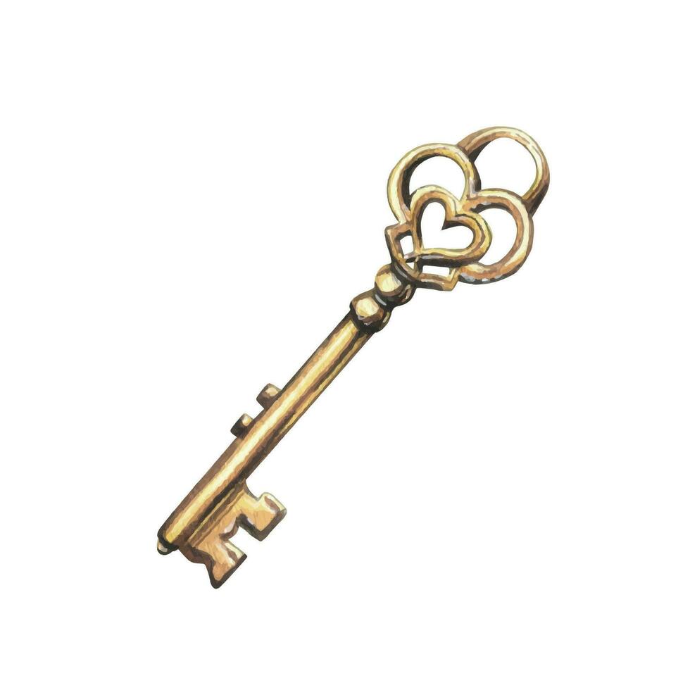 guld Smycken nyckel, elegant i de form av en hjärta. hand dragen vattenfärg illustration för bröllop, hjärtans dag, romantik, kort, affischer, dekorationer. isolerat objekt på en vit bakgrund. vektor