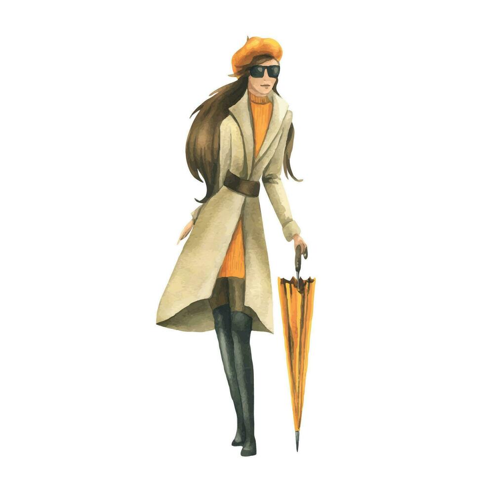 jung Weiß Mädchen im Herbst Kleidung, ein Regenjacke mit ein Orange Regenschirm, Mode Modell- Aussehen. Hand gezeichnet Aquarell Illustration. isoliert Objekt auf ein Weiß Hintergrund. vektor