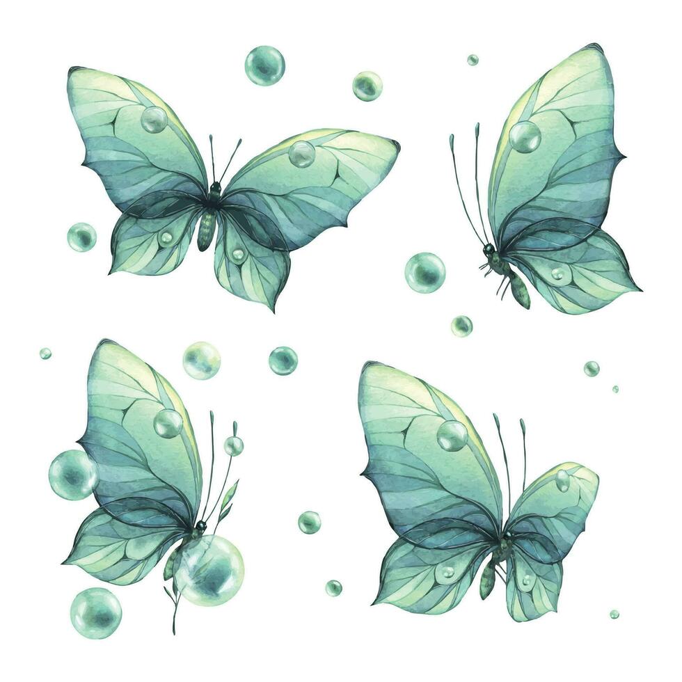blå, turkos fjärilar med en skön mönster på de vingar flygande med dagg bubblor. vattenfärg illustration hand ritade. uppsättning av isolerat element på en vit bakgrund. vektor