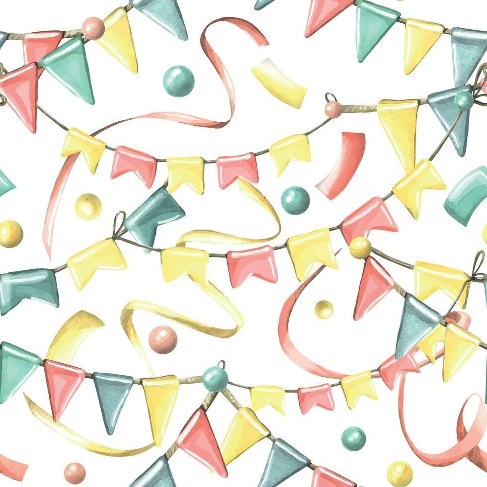 hängande kransar med flaggor, konfetti, band och serpentin. vattenfärg illustration, hand ritade. sömlös mönster festlig för födelsedag på en vit bakgrund. vektor