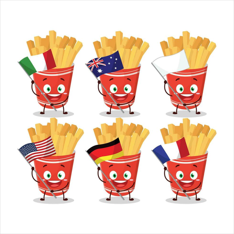 Tasse von Französisch Fritten Karikatur Charakter bringen das Flaggen von verschiedene Länder vektor