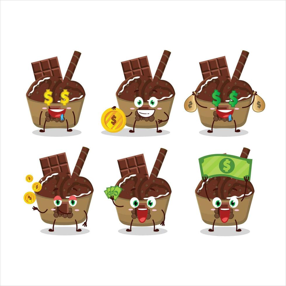 Eis Sahne Schokolade Tasse Karikatur Charakter mit süß Emoticon bringen Geld vektor