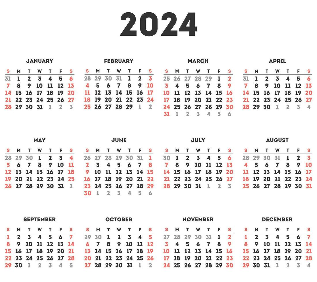 einfach Kalender 2024. Vektor Illustration.