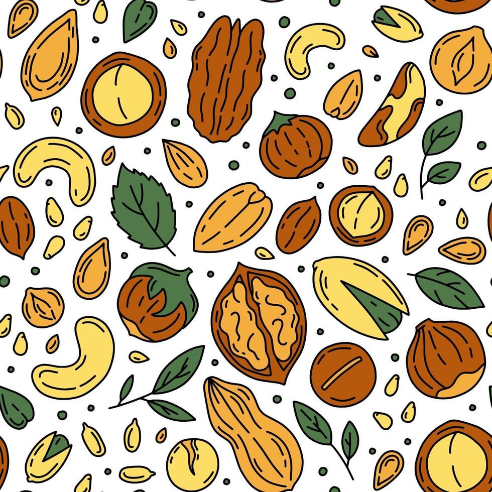 Nüsse und Samen Vektor nahtlose Muster im Doodle-Stil.