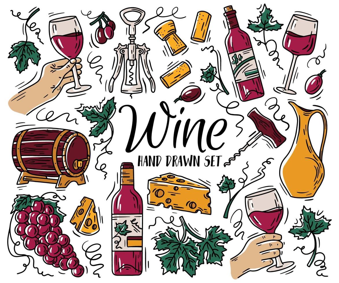 Vektorfarbsatz mit Wein und Käse im Doodle-Skizzen-Stil vektor