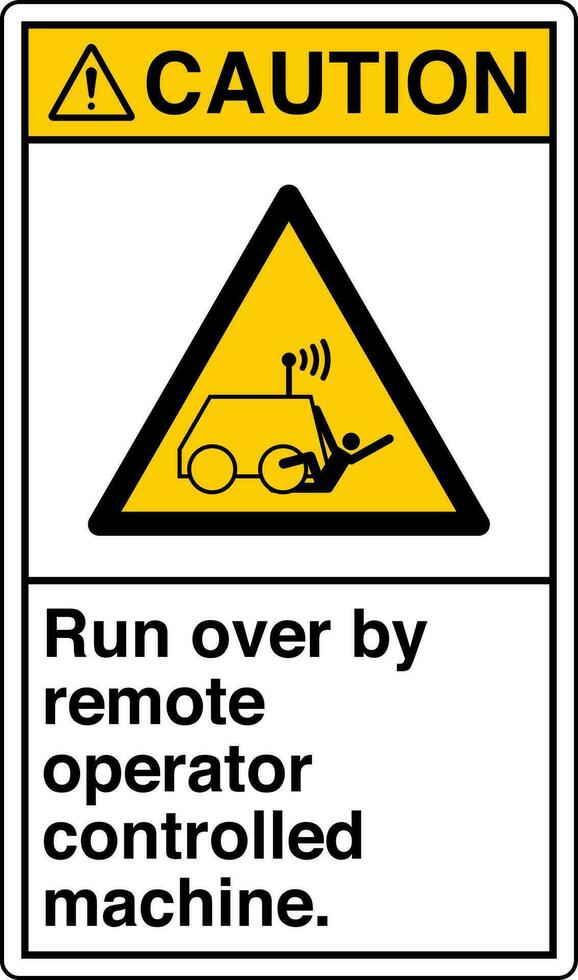 ansi z535 Sicherheit Zeichen Markierung Etikette Symbol Piktogramm Standards Vorsicht Lauf Über durch Fernbedienung Operator kontrolliert Maschine mit Text Porträt Weiß vektor