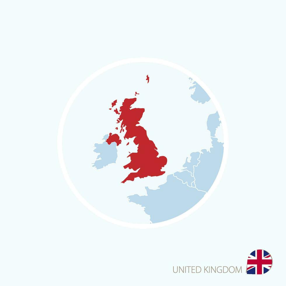 Karte Symbol von vereinigt Königreich. Blau Karte von Europa mit hervorgehoben vereinigt Königreich im rot Farbe. vektor