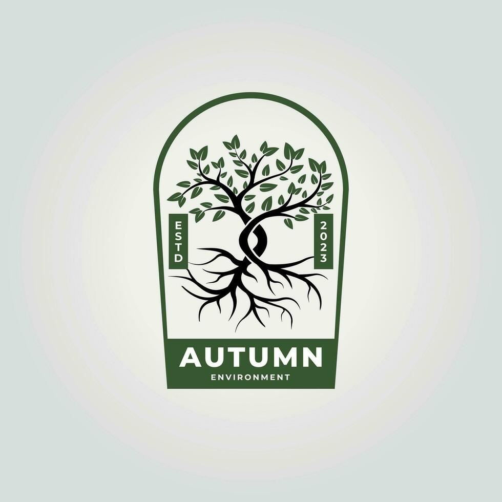 Natur Eiche Baum Logo Vektor Symbol Emblem, natürlich Wachstum Baum Design mit Jahrgang Wurzeln Illustration