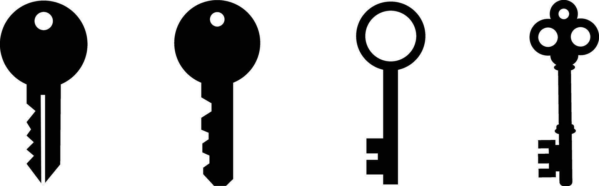 Schlüssel Symbol Symbol eben Stil Satz. Tür oder Haus Schlüssel zu Freischalten sperren Sammlung. Sicherheit System Konzept repräsentiert durch Silhouette Schlüssel Zeichen Gruppe vektor