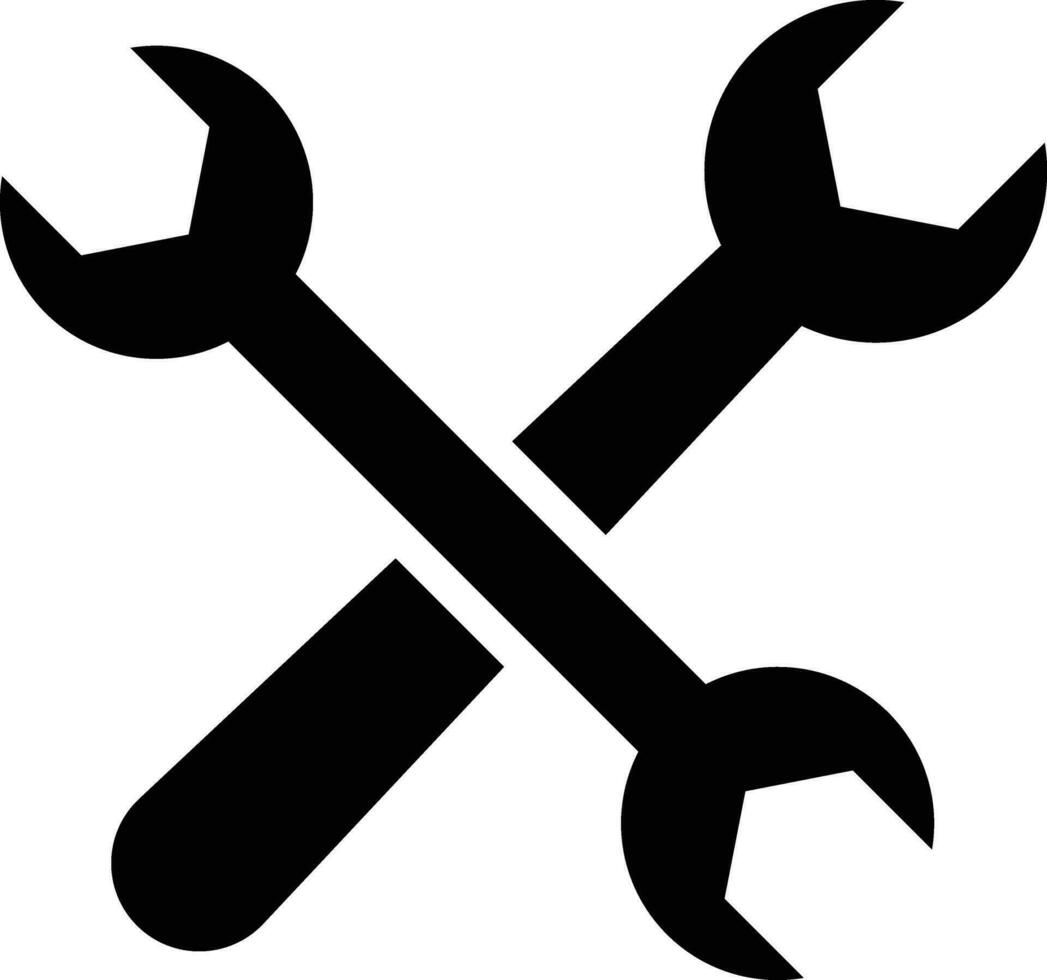 Kreuz Schlüssel Werkzeug Symbol. Schraube Schlüssel schwarz Wohnung. Reparatur Bedienung Symbol vektor
