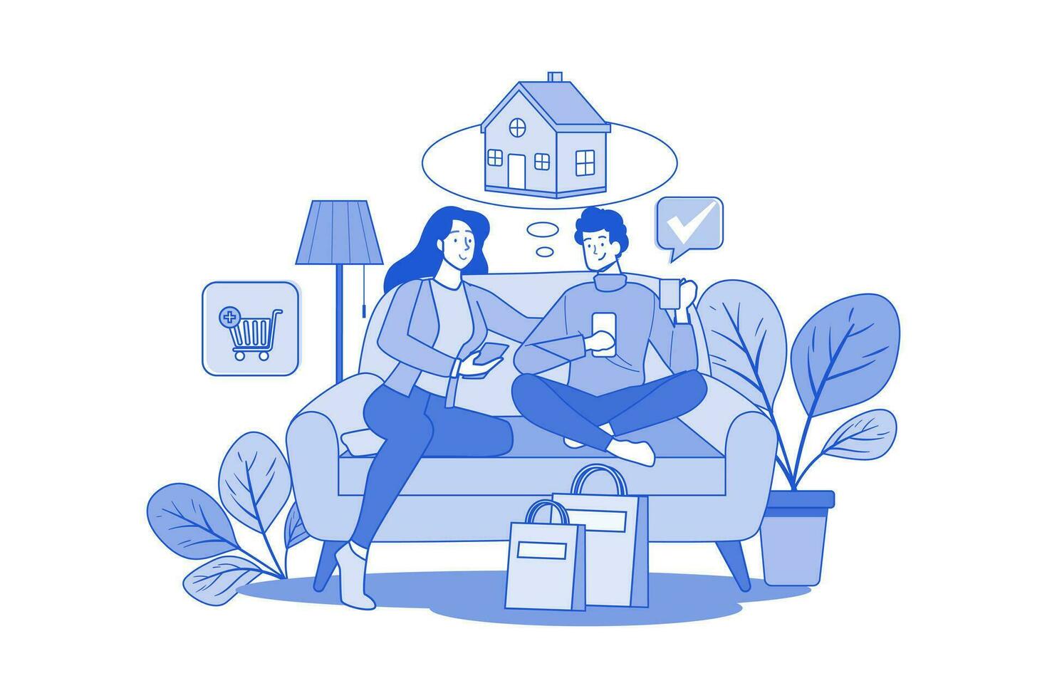 Paar sitzt auf dem Sofa und denkt über die Waren nach, die sie kaufen möchten vektor