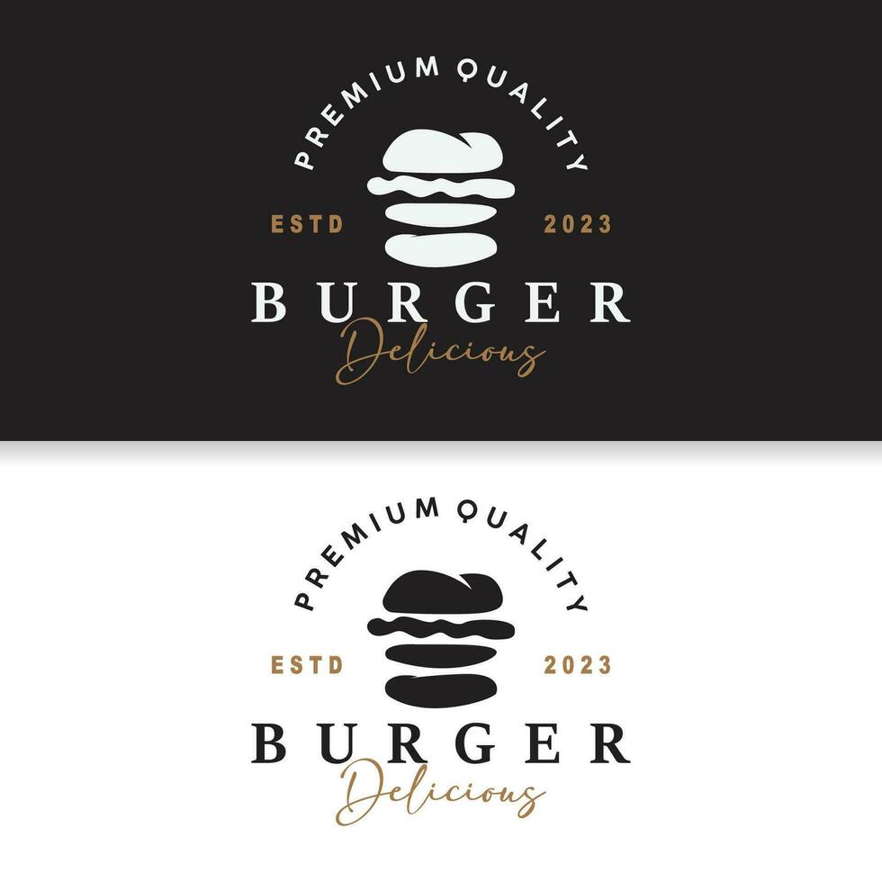 burger logotyp snabb mat design, varm och utsökt mat vektor mall illustration