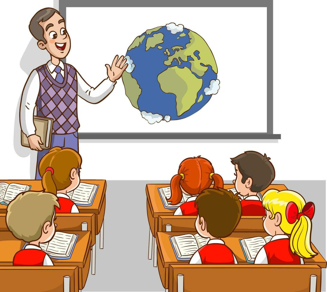 Vektor Illustration von Lehrer und Studenten Lehren Klassenzimmer.Unterricht das Formation und Struktur von das Welt