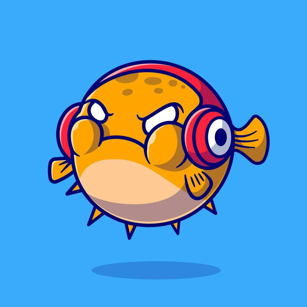 söt puffer fisk arg och bär hörlurar tecknad serie vektor ikon illustration. djur- teknologi ikon begrepp isolerat premie vektor. platt tecknad serie stil