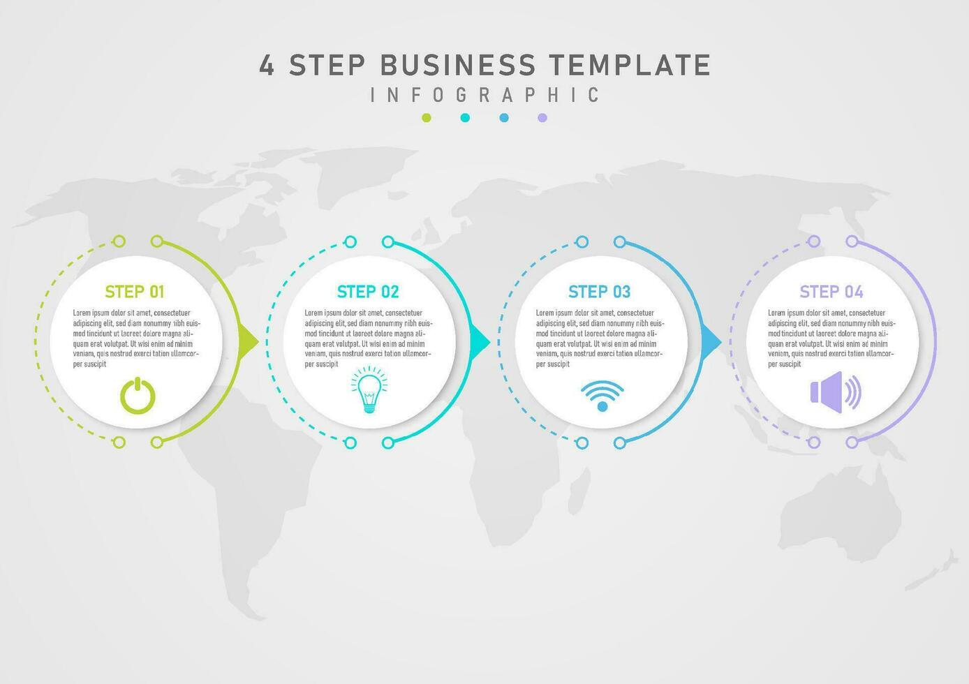 infographic mall med enkel 4 steg företag vit cirkel med text och ikoner. flerfärgad yttre översikt. under där är en grå lutning bakgrund Karta för marknadsföring, planera, Produkter. vektor