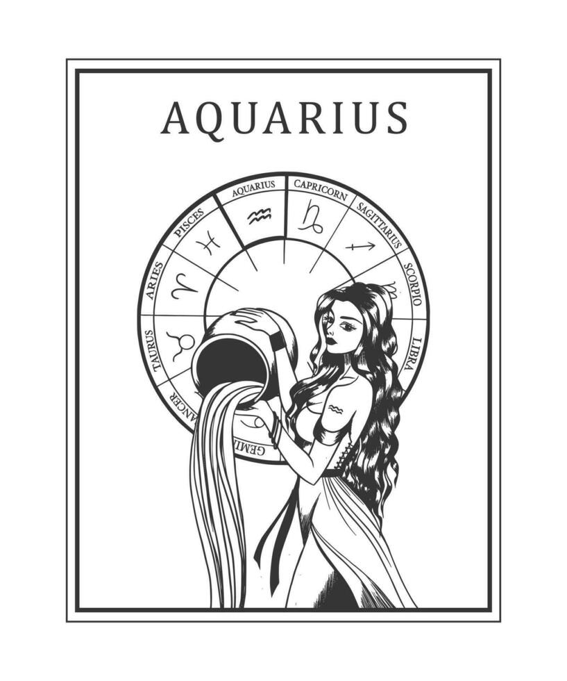 illustration av svartvit kort med astro tecken och romantisk skönhet kvinna. zodiaken symbol konst. vektor