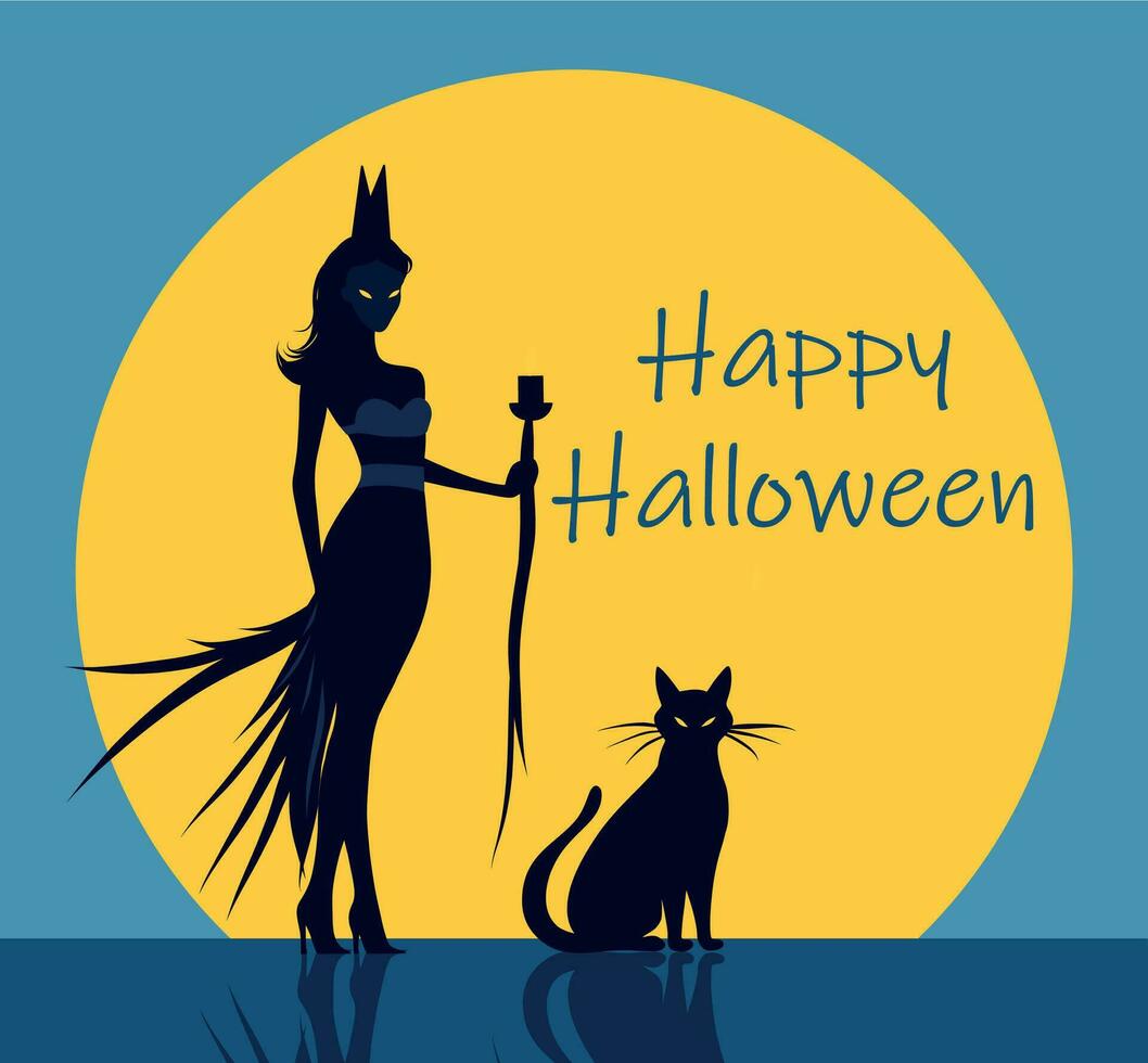 vektor platt illustration av halloween häxa och katt på de bakgrund av de måne