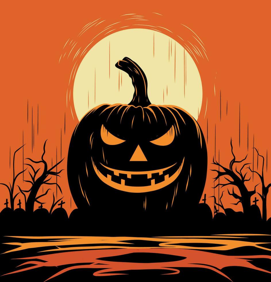 Vektor Illustration Einladung Banner zum Halloween Herbst glühend schwarz Kürbis auf voll Mond Hintergrund