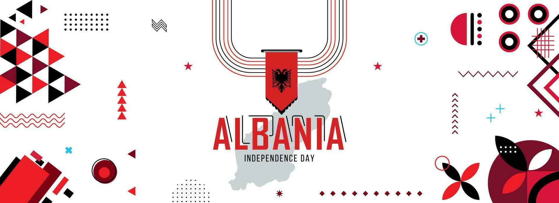 Karta och flagga av albania nationell eller oberoende dag baner med Uppfostrad händer eller nävar., flagga färger tema bakgrund och geometrisk abstrakt retro modern color design vektor