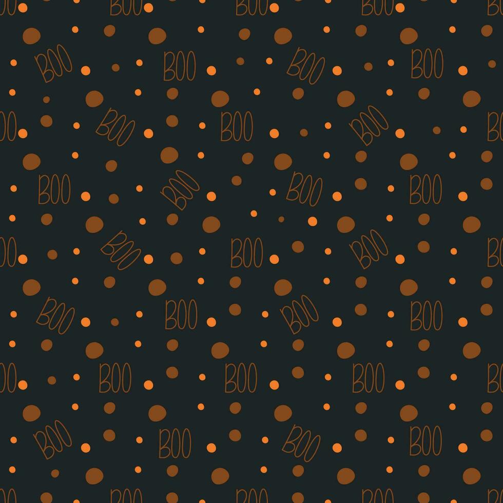 nahtlos Muster zum Halloween Dekoration zum Party. Buh. schwarz Hintergrund mit Orange Punkte und Boo Text. Muster zum Kinder Stoff, Verpackung, Textil, Plakate vektor