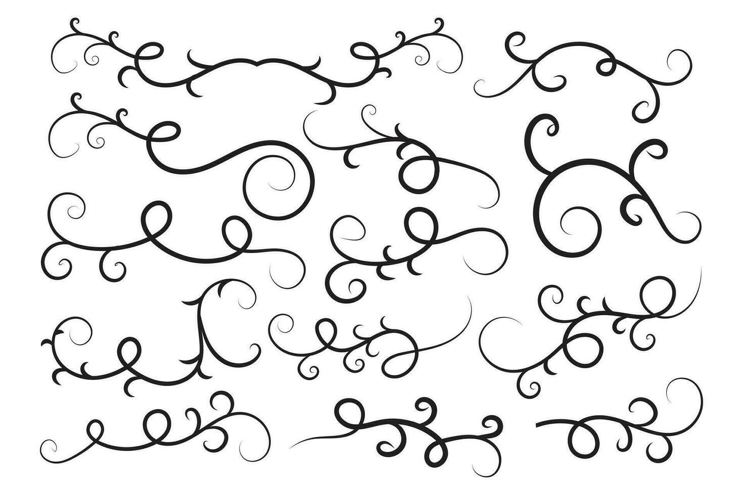 årgång filigran virvlar, kalligrafi dekorativ skrolla, fint linje krusidullar virvlar element, årgång lockigt tunn linje text ornament, lockar text delare frodas virvla runt, calligraphic ringla rader vektor
