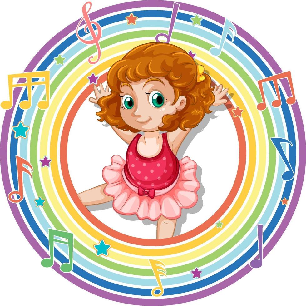 Ballerina im Regenbogen runden Rahmen mit Melodiesymbolen vektor