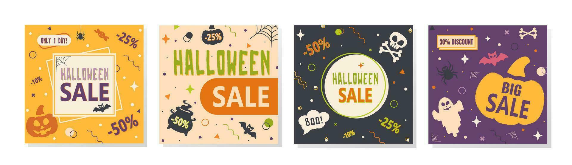 uppsättning av vektor mallar av Lycklig halloween försäljning posters med symboler av halloween och element av memphis stil. fyra illustrationer för befordran och social media marknadsföring