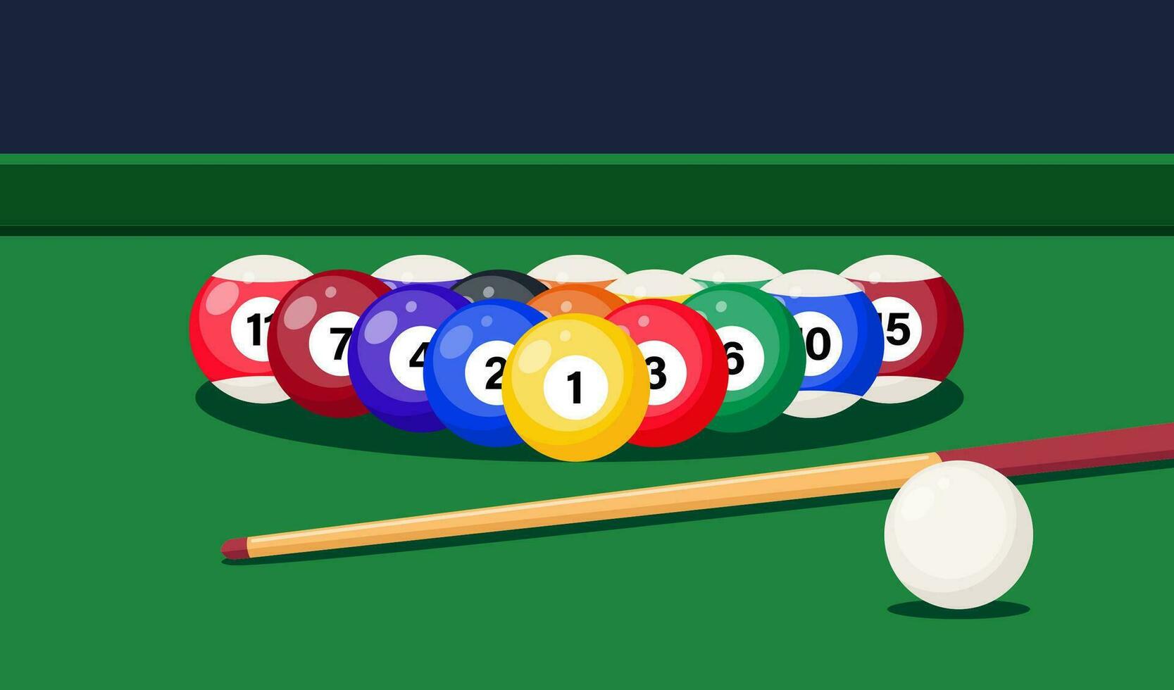 Billard- Tabelle mit Stichwort und Spielen Bälle. Billard- Zimmer. Snooker oder Schwimmbad Sport spielen, Banner Vorlage. Vektor Illustration.