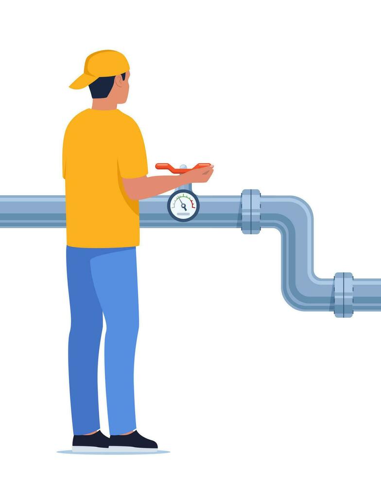 Ingenieur oder Handwerker im Arbeitskleidung prüfen Petroleum oder Wasser Pipelines. Ventil und Druck Spur auf das Rohr. Öl, Gas oder Wasser Industrie. Vektor Illustration.