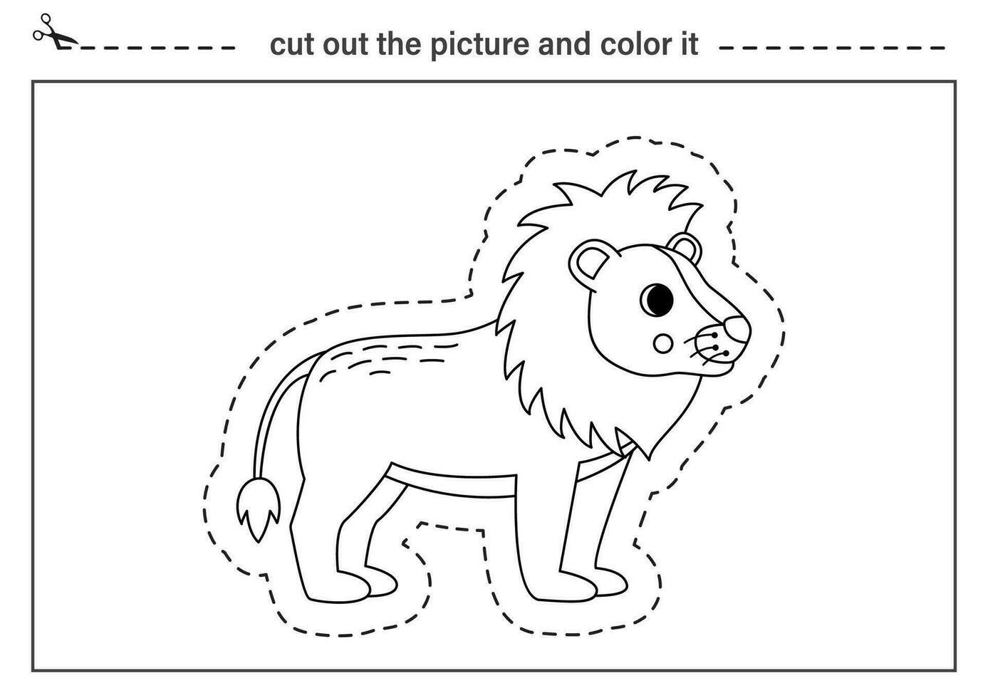 Schneiden trainieren zum Kinder. schwarz und Weiß Arbeitsblatt. Schnitt aus Karikatur Löwe. vektor
