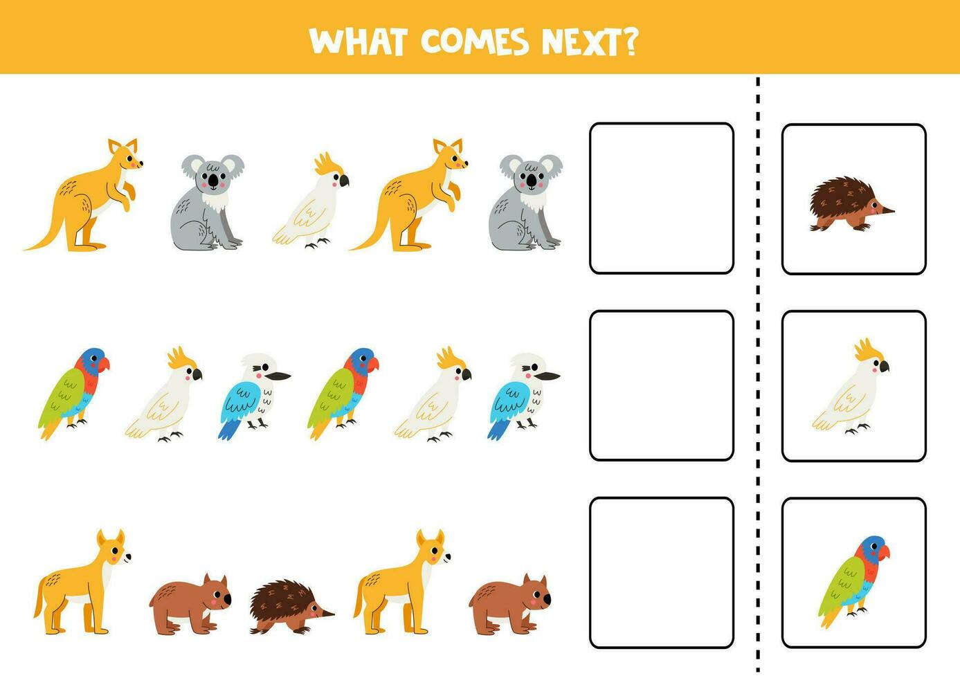Vad kommer Nästa spel med söt tecknad serie australier djur. vektor