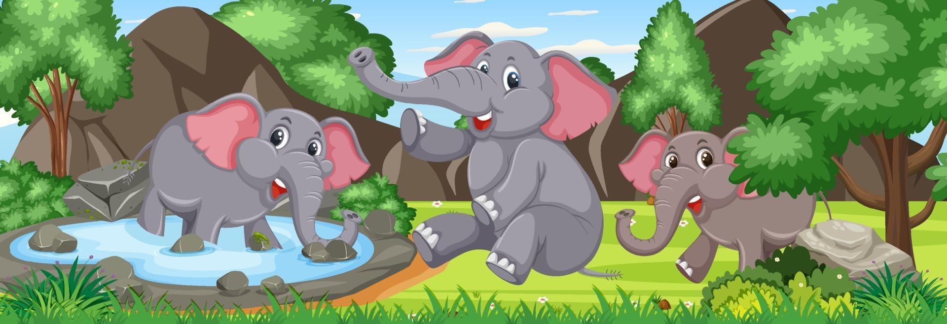 Outdoor-Panoramaszene mit vielen Elefanten im Wald vektor