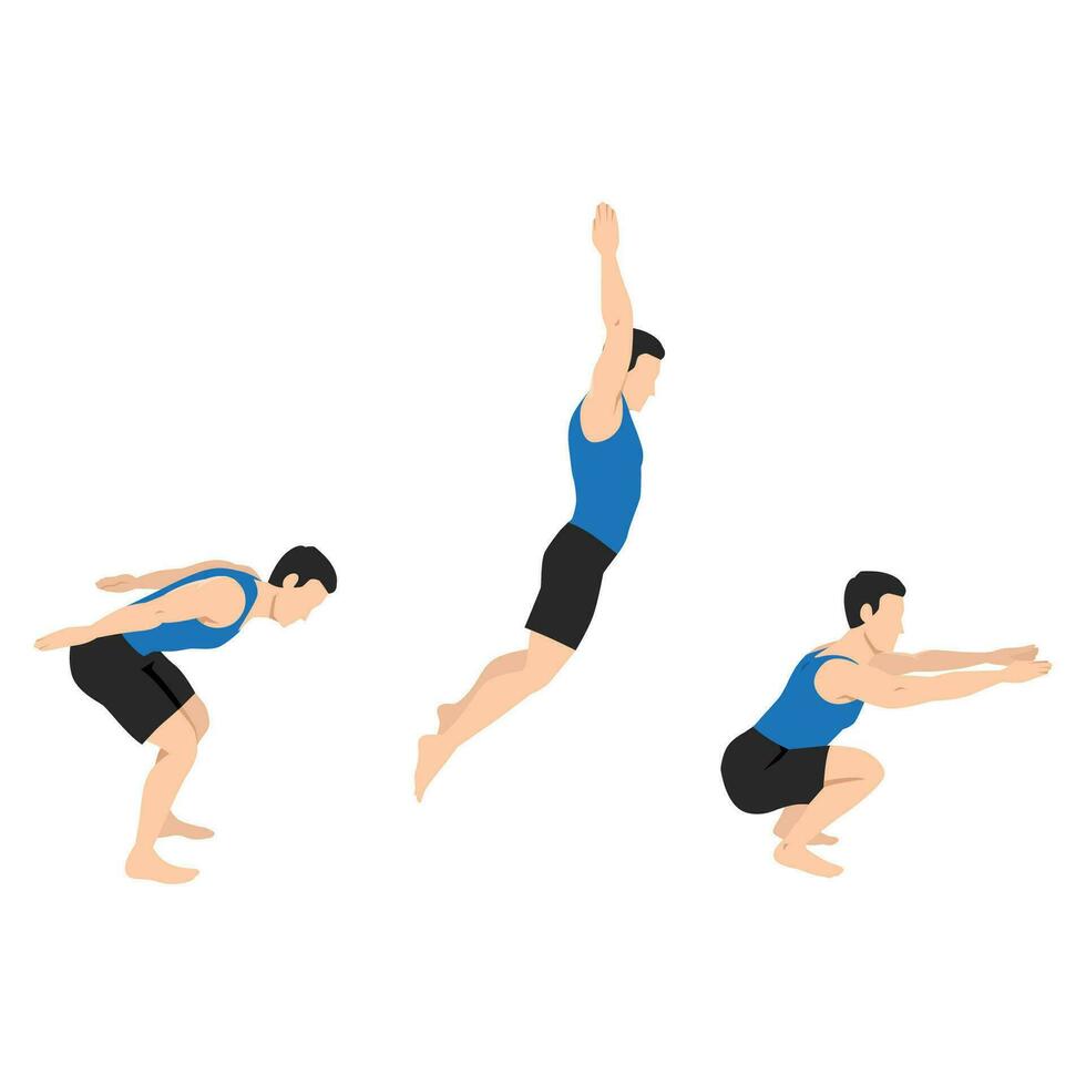 Mann tun Übung im Stehen lange Springen Haltungen. Illustration Über Schritt durch Schritt von Fitness Pose zum gut Übung. vektor