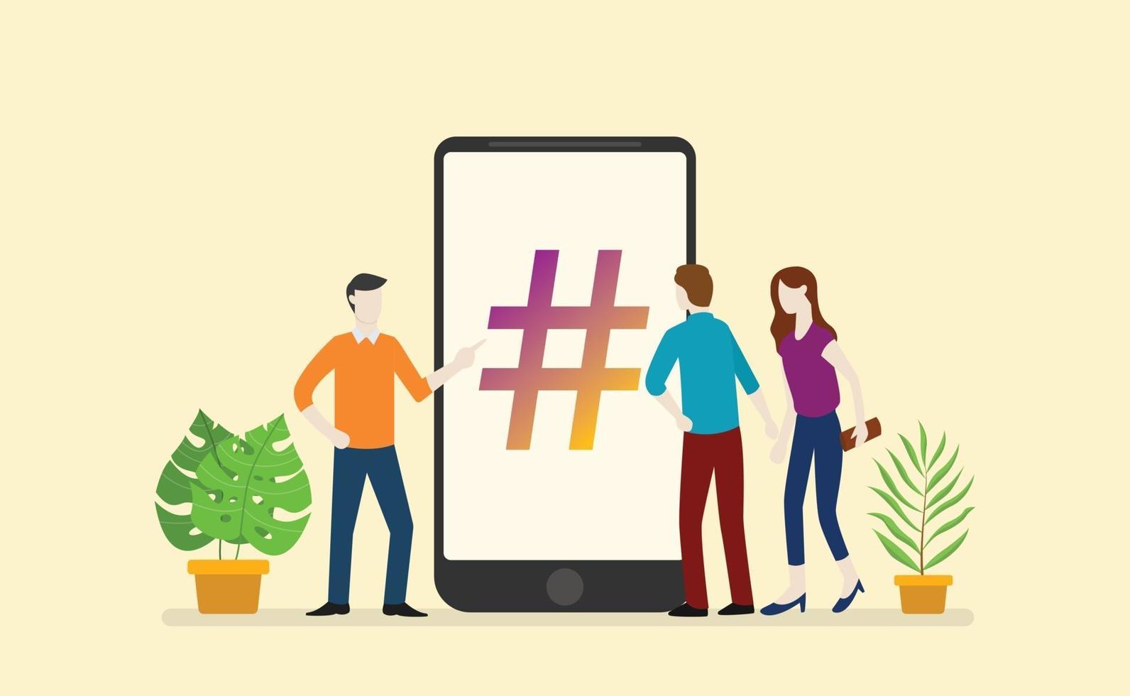 Social-Media-Hashtag-Geschäft mit Menschen, Männern und Frauen vektor