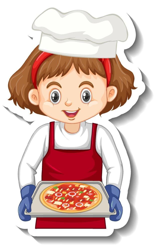 Aufkleberdesign mit Kochmädchen, das Pizzateller hält vektor