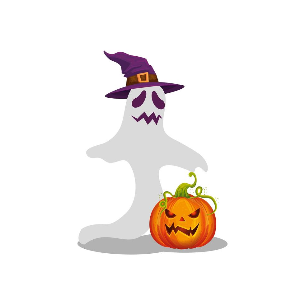 halloween spöke med häxhatt och pumpa vektor