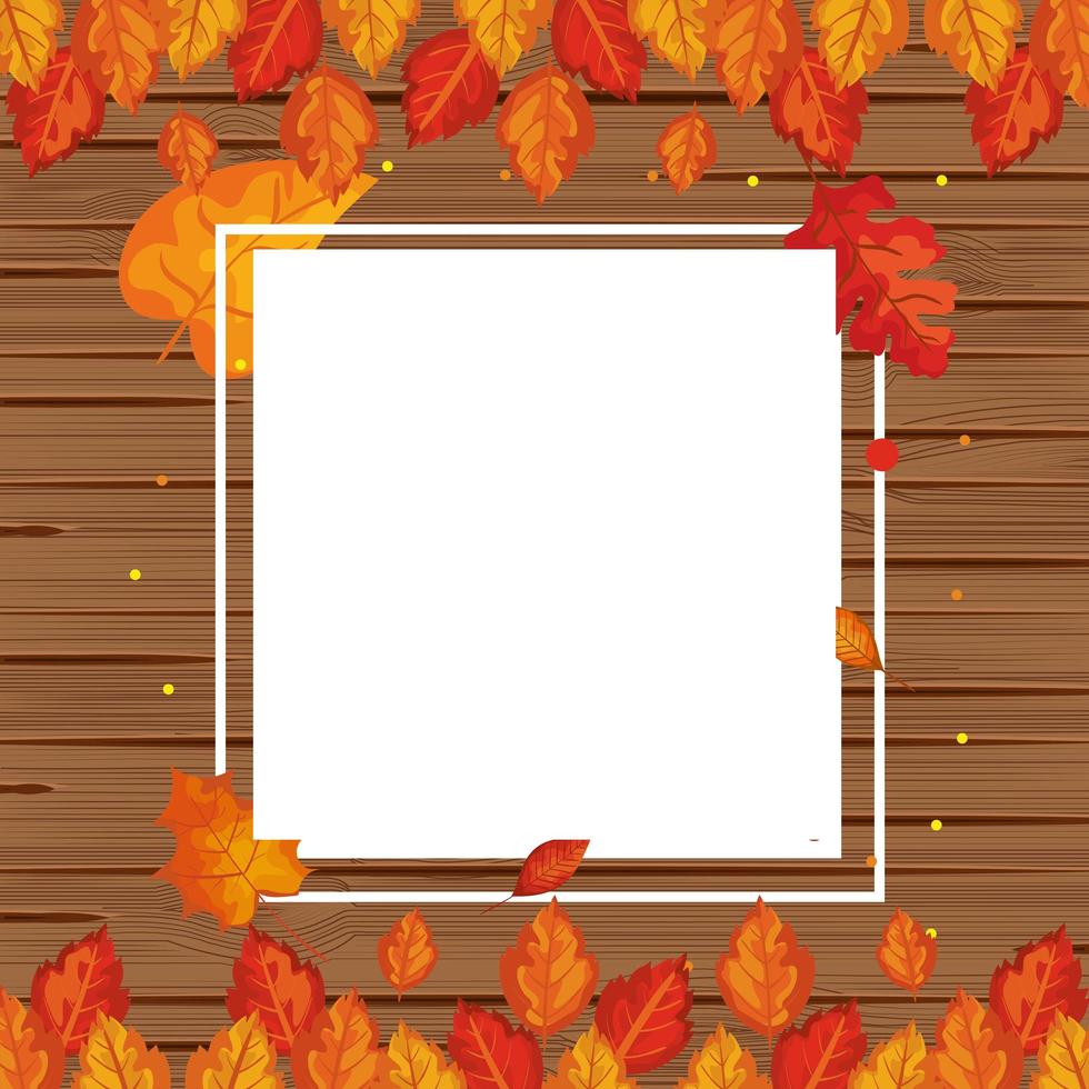 Hintergrund aus Holz mit Herbstblättern und Rahmen vektor