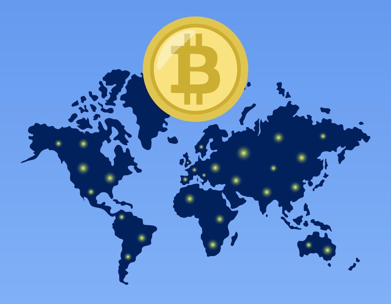 Kryptowährung Bitcoin auf der Weltkarte. leuchtende Punkte der Städte vektor