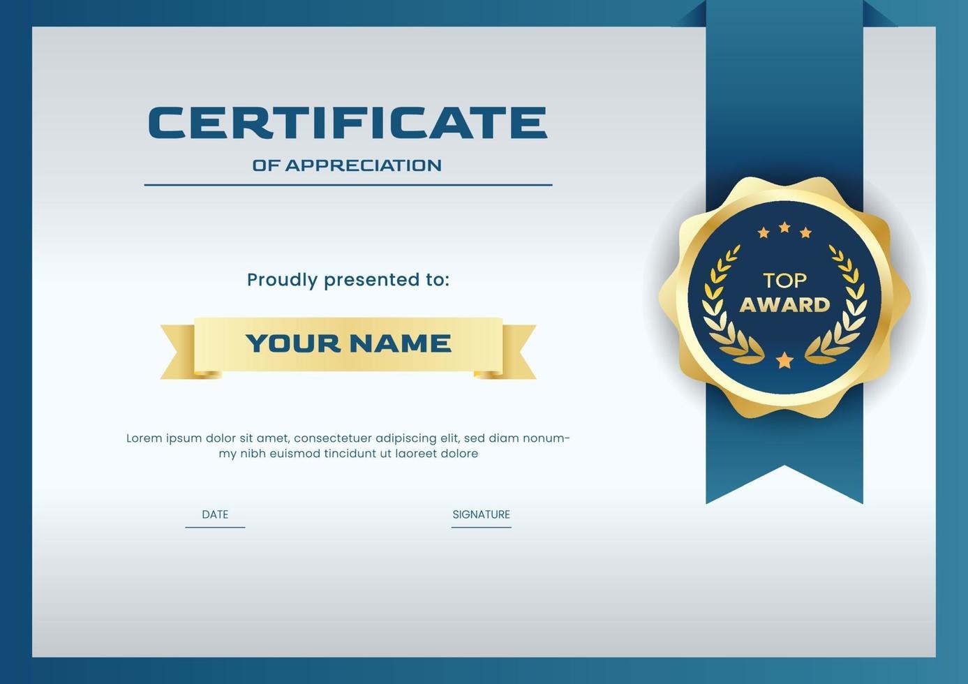 blå och guld certifikat design mall för prestation vektor